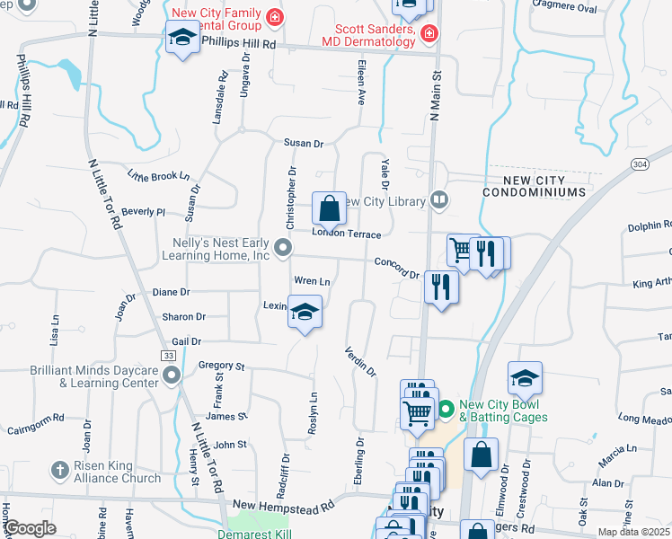 map of restaurants, bars, coffee shops, grocery stores, and more near 28 Concord Drive in New City