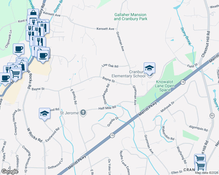 map of restaurants, bars, coffee shops, grocery stores, and more near 71 Bayne Street in Norwalk