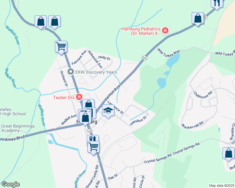 map of restaurants, bars, coffee shops, grocery stores, and more near 65 Vernon Avenue in Hamburg