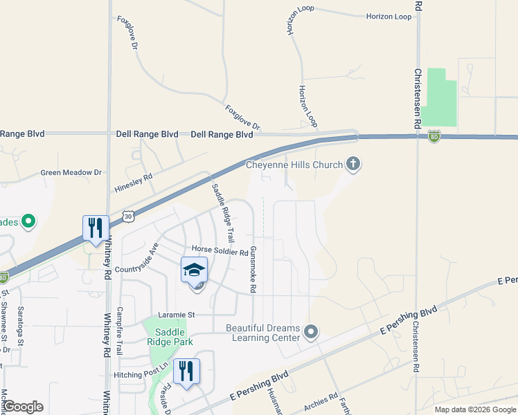 map of restaurants, bars, coffee shops, grocery stores, and more near 4125 Gunsmoke Road in Cheyenne