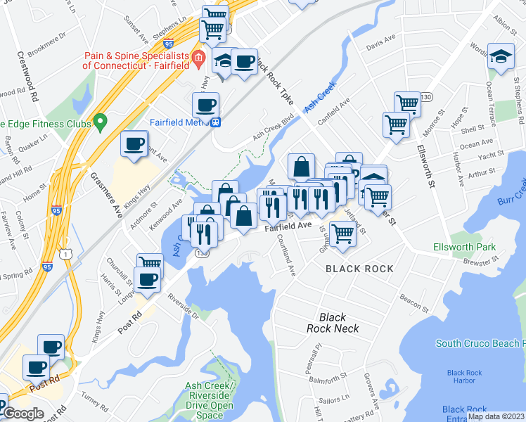 map of restaurants, bars, coffee shops, grocery stores, and more near 413 Davidson Street in Bridgeport