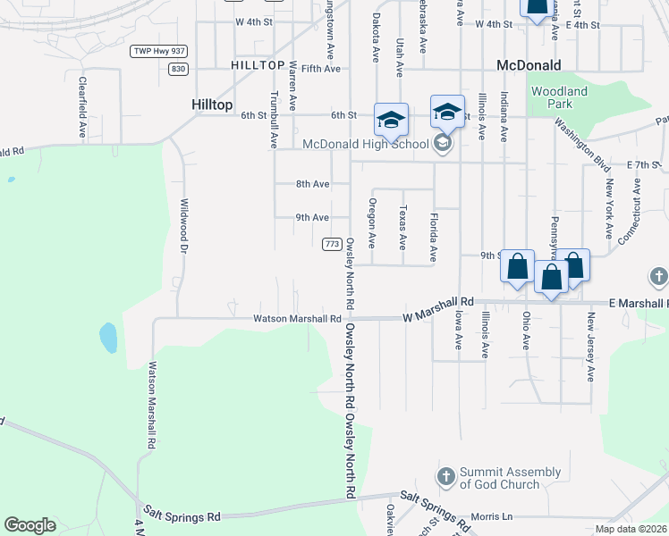 map of restaurants, bars, coffee shops, grocery stores, and more near 932 Owsley North Road in McDonald