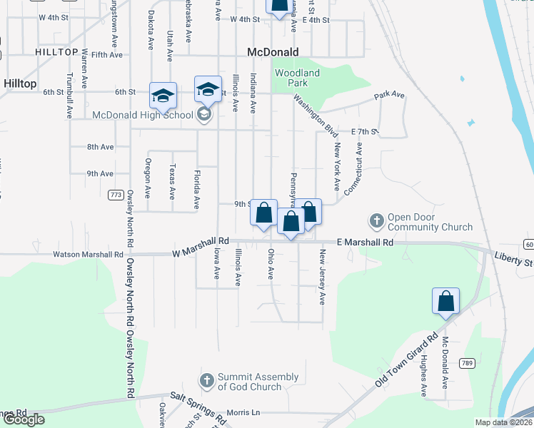 map of restaurants, bars, coffee shops, grocery stores, and more near 912 Ohio Avenue in McDonald