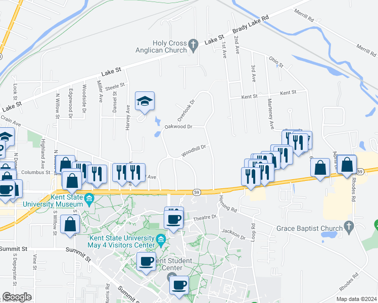 map of restaurants, bars, coffee shops, grocery stores, and more near 1213 Woodhill Drive in Kent