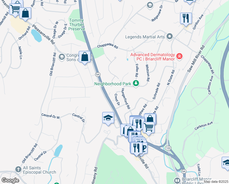 map of restaurants, bars, coffee shops, grocery stores, and more near 31 Candlewood Court in Briarcliff Manor