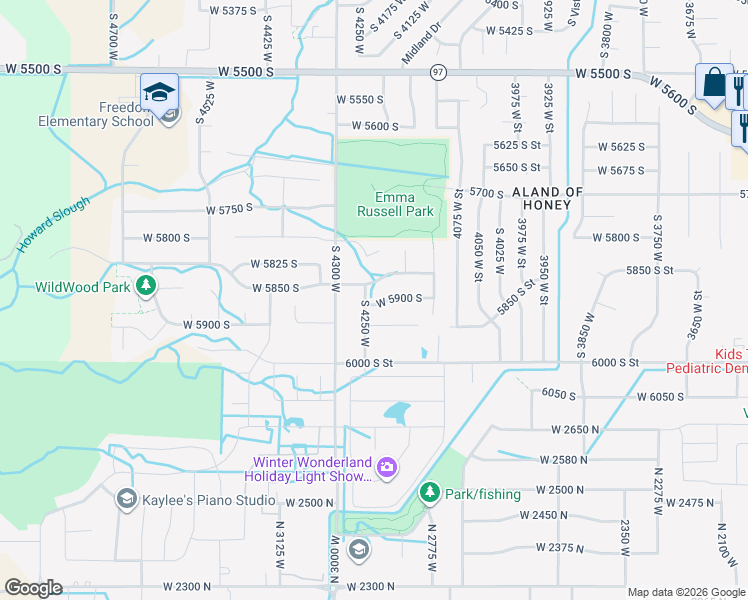 map of restaurants, bars, coffee shops, grocery stores, and more near 4205 West 5850 South in Roy