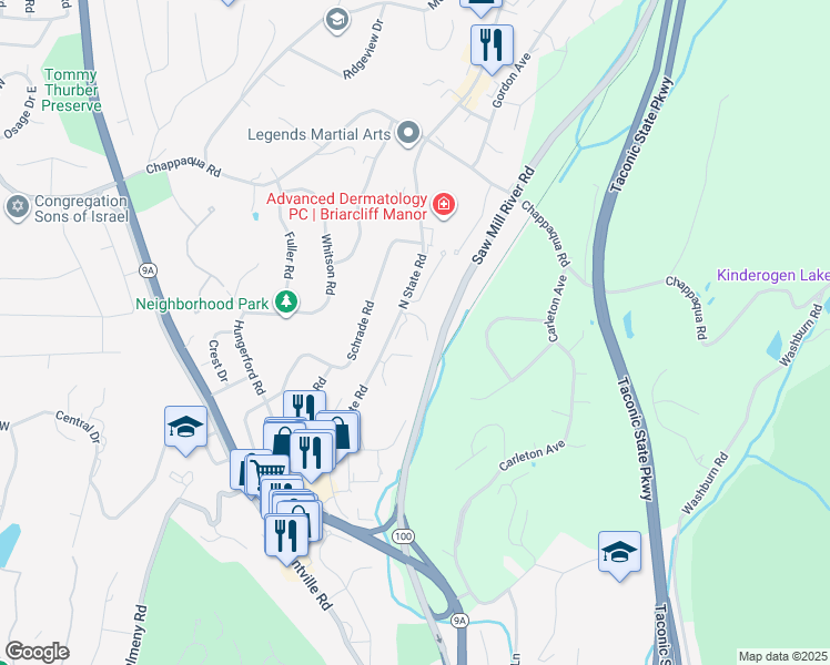 map of restaurants, bars, coffee shops, grocery stores, and more near 338 North State Road in Briarcliff Manor