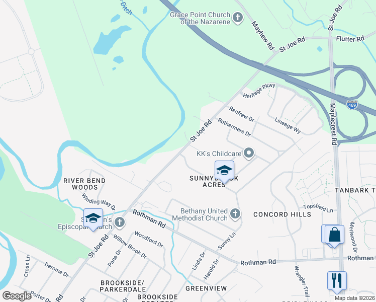 map of restaurants, bars, coffee shops, grocery stores, and more near 7824 Saint Joe Road in Fort Wayne