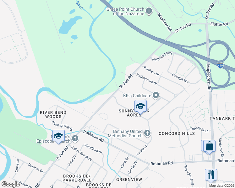 map of restaurants, bars, coffee shops, grocery stores, and more near 7824 Saint Joe Road in Fort Wayne