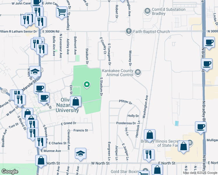 map of restaurants, bars, coffee shops, grocery stores, and more near 213 South Tomagene Drive in Bourbonnais