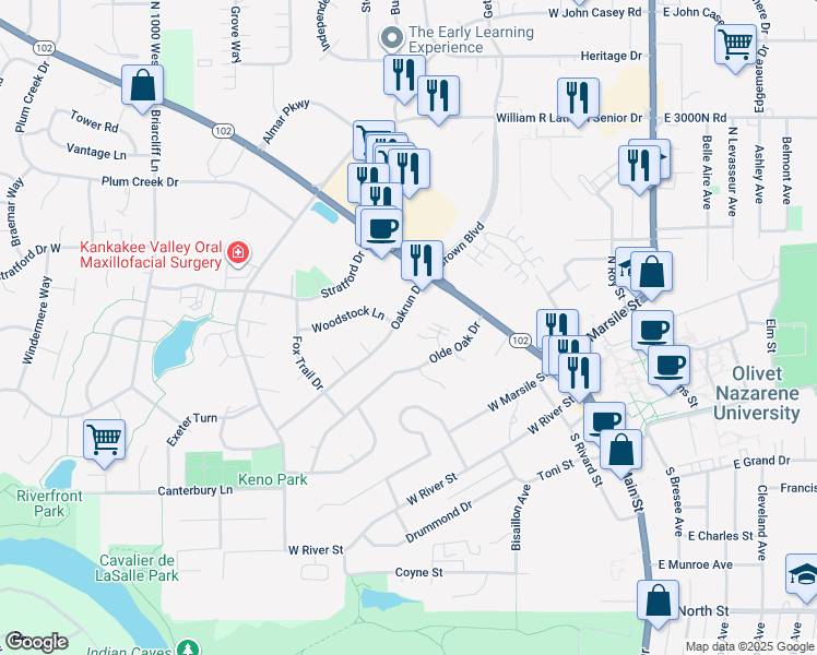 map of restaurants, bars, coffee shops, grocery stores, and more near 460-480 Oakrun Drive in Bourbonnais