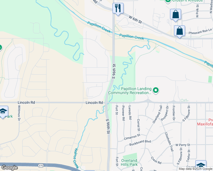 map of restaurants, bars, coffee shops, grocery stores, and more near 10463 South 97th Street in Papillion