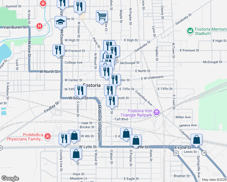 map of restaurants, bars, coffee shops, grocery stores, and more near 112-142 E Tiffin St in Fostoria