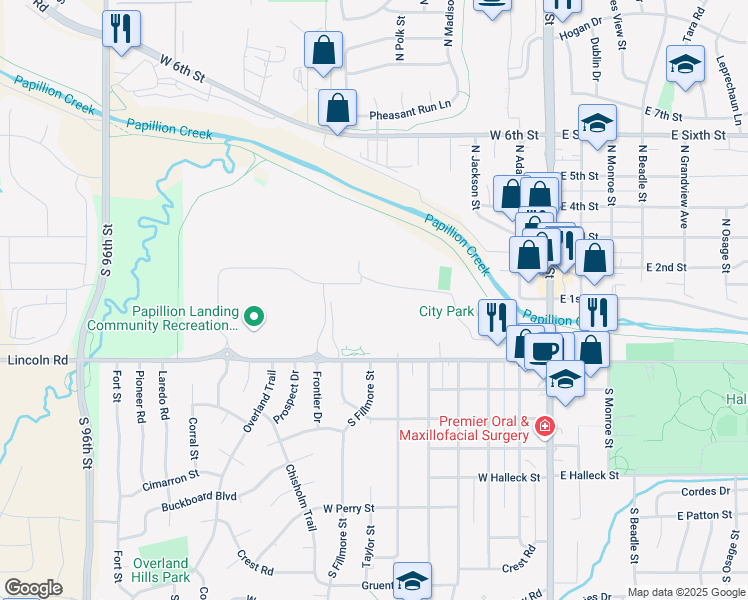 map of restaurants, bars, coffee shops, grocery stores, and more near 800 West Lincoln Street in Papillion
