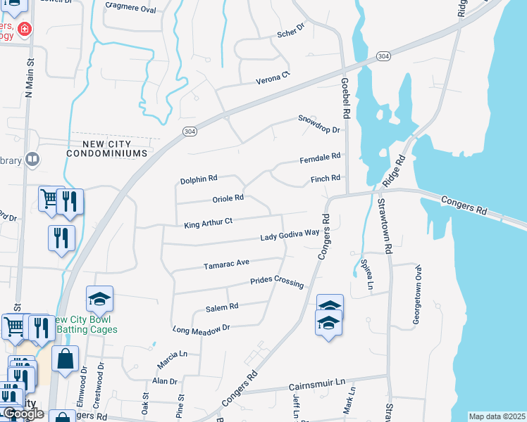 map of restaurants, bars, coffee shops, grocery stores, and more near 25 Oriole Road in New City