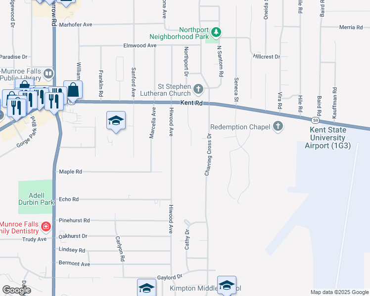 map of restaurants, bars, coffee shops, grocery stores, and more near 3672 Kent Road in Stow