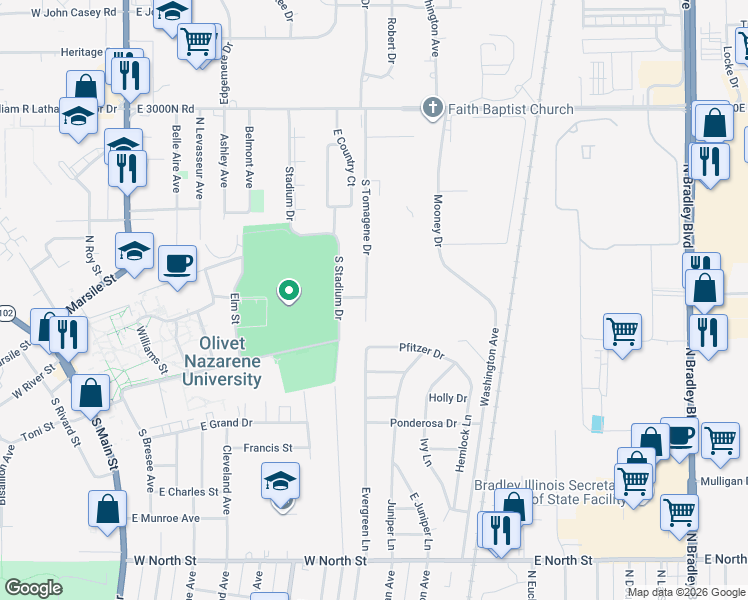map of restaurants, bars, coffee shops, grocery stores, and more near 190B South Tomagene Drive in Bourbonnais