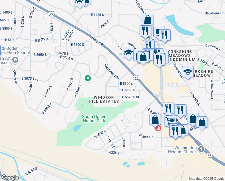 map of restaurants, bars, coffee shops, grocery stores, and more near 1290 East 5850 South in South Ogden