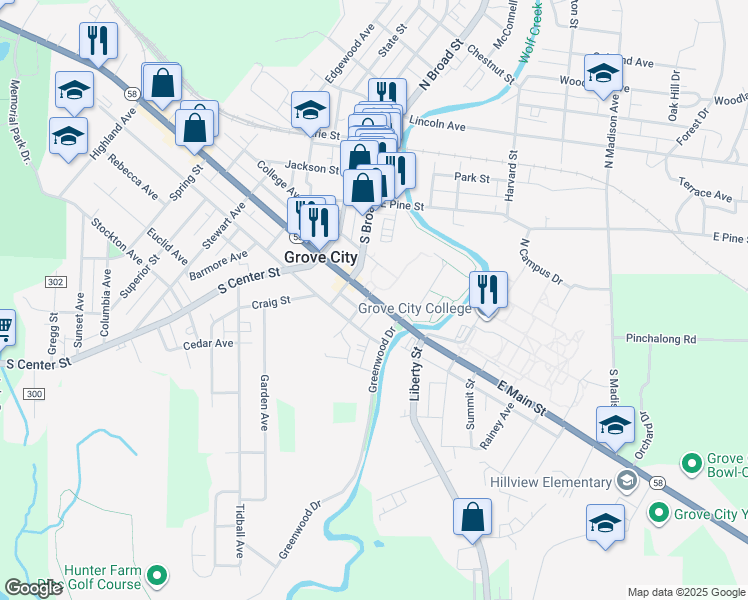 map of restaurants, bars, coffee shops, grocery stores, and more near 130 East Main Street in Grove City