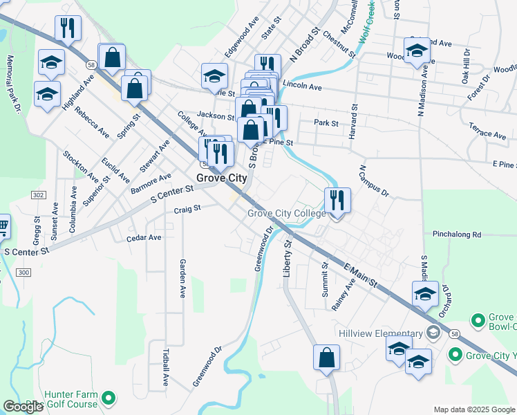map of restaurants, bars, coffee shops, grocery stores, and more near 130 East Main Street in Grove City