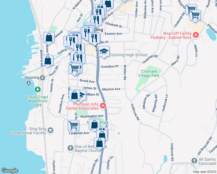 map of restaurants, bars, coffee shops, grocery stores, and more near 11 Maurice Avenue in Ossining