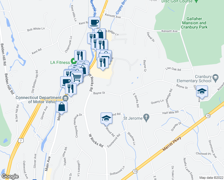 map of restaurants, bars, coffee shops, grocery stores, and more near 4 Bayne Street in Norwalk
