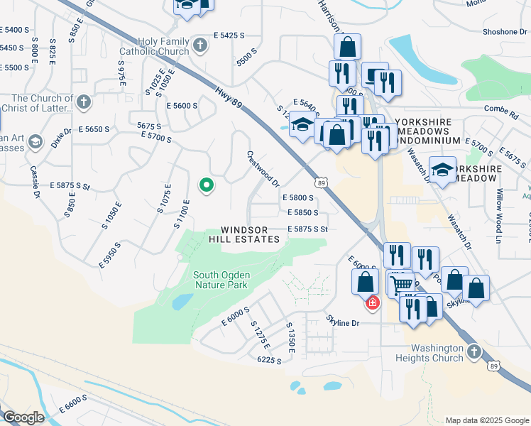 map of restaurants, bars, coffee shops, grocery stores, and more near 6 East 5825 South in South Ogden