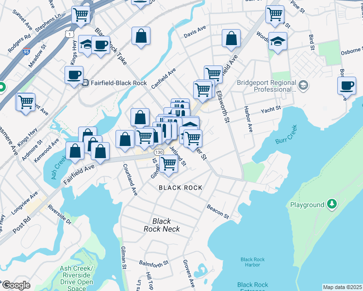 map of restaurants, bars, coffee shops, grocery stores, and more near in Bridgeport