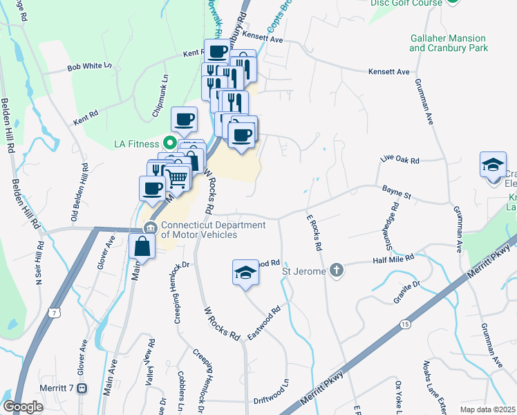 map of restaurants, bars, coffee shops, grocery stores, and more near 4 Bayne Street in Norwalk