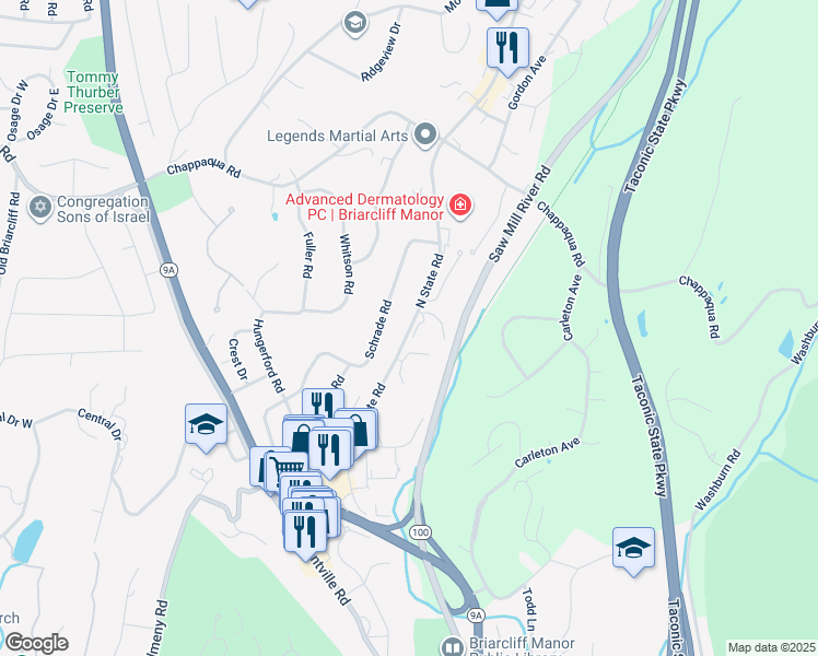map of restaurants, bars, coffee shops, grocery stores, and more near 338 North State Road in Briarcliff Manor