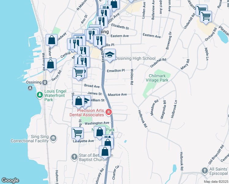 map of restaurants, bars, coffee shops, grocery stores, and more near 6 Lincoln Place in Ossining