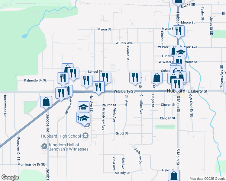 map of restaurants, bars, coffee shops, grocery stores, and more near 534 West Liberty Street in Hubbard
