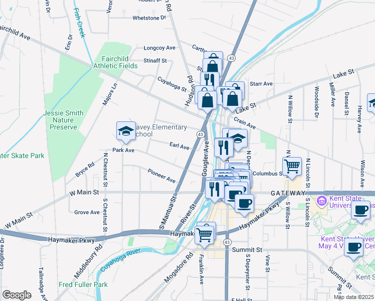 map of restaurants, bars, coffee shops, grocery stores, and more near 413 Earl Avenue in Kent