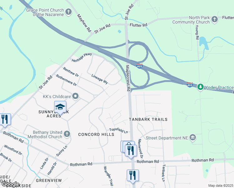 map of restaurants, bars, coffee shops, grocery stores, and more near 6289-6299 Bellingham Ln in Fort Wayne