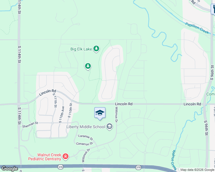 map of restaurants, bars, coffee shops, grocery stores, and more near 10402 South 106th Street in Papillion