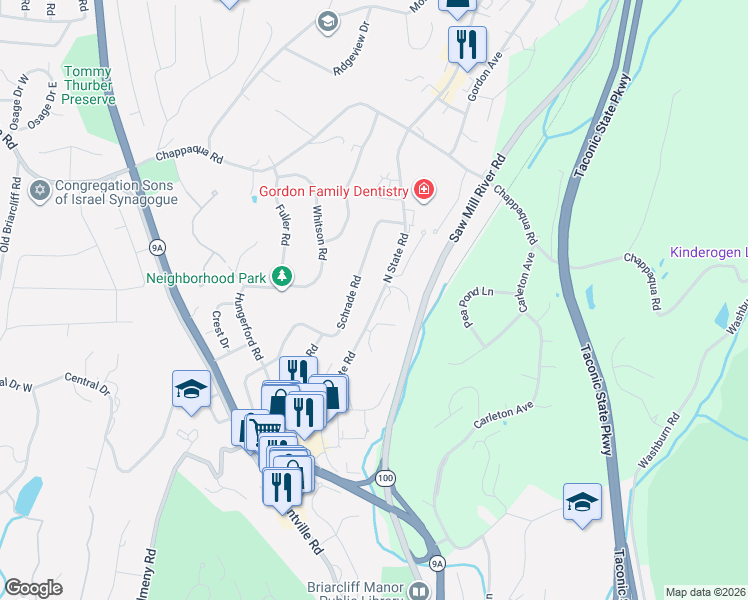 map of restaurants, bars, coffee shops, grocery stores, and more near 146 Schrade Road in Briarcliff Manor