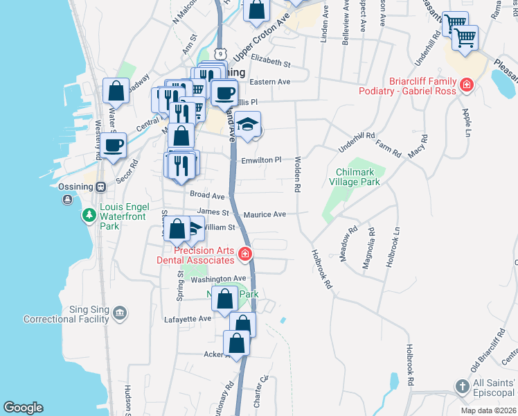 map of restaurants, bars, coffee shops, grocery stores, and more near 6 Lincoln Place in Ossining