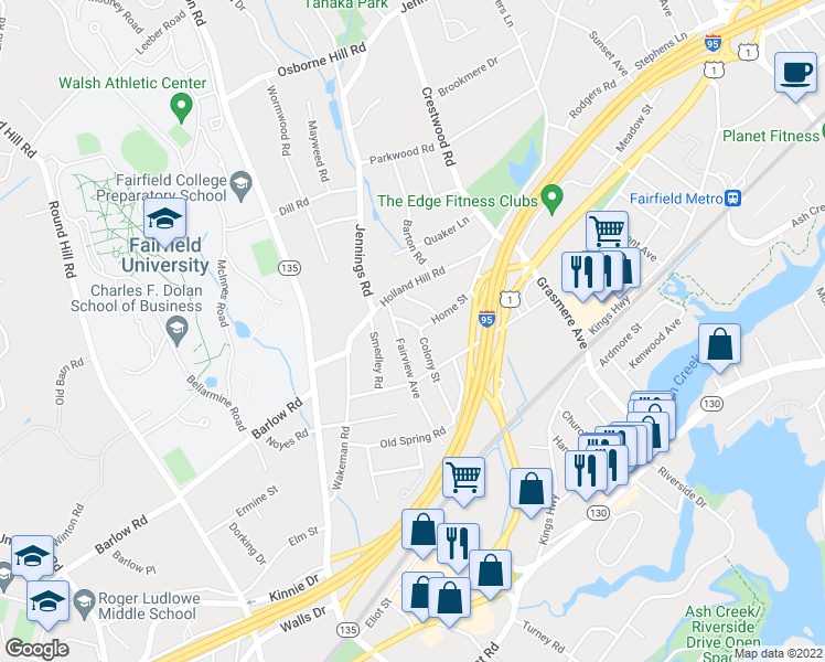 map of restaurants, bars, coffee shops, grocery stores, and more near 291 Colony Street in Fairfield