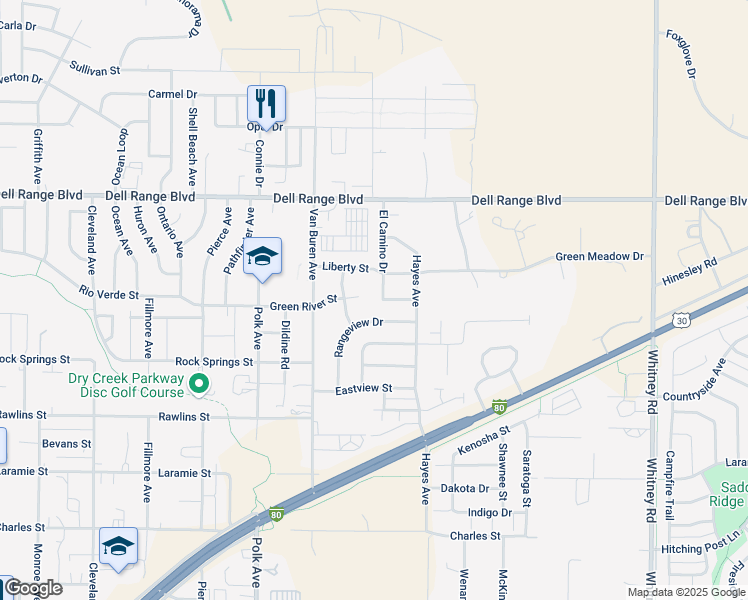 map of restaurants, bars, coffee shops, grocery stores, and more near 5304 Green River Street in Cheyenne