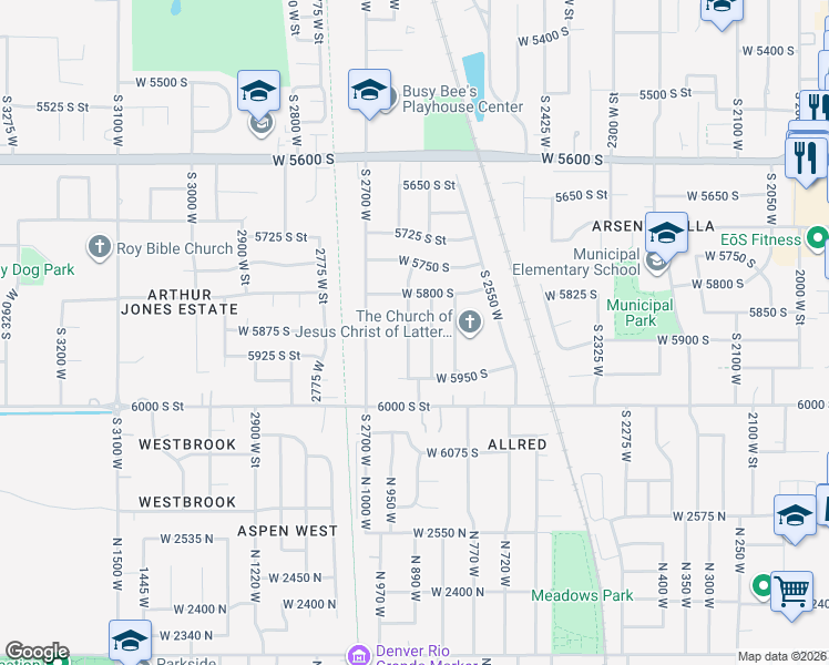 map of restaurants, bars, coffee shops, grocery stores, and more near 5874 South 2625 West in Roy
