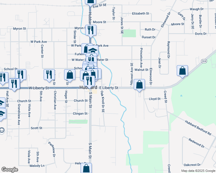 map of restaurants, bars, coffee shops, grocery stores, and more near 132 East Liberty Street in Hubbard
