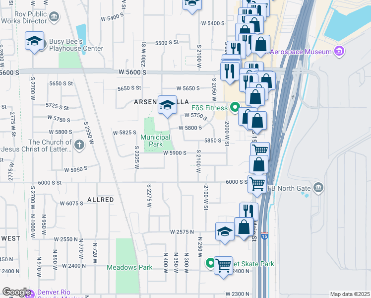 map of restaurants, bars, coffee shops, grocery stores, and more near 2145 West 5850 South in Roy
