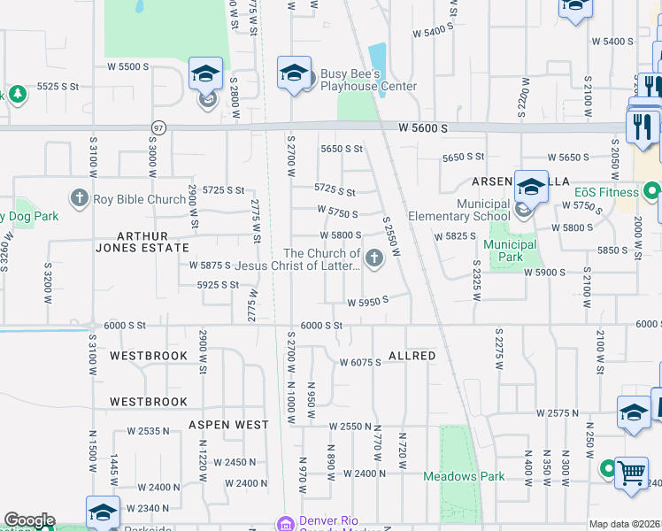 map of restaurants, bars, coffee shops, grocery stores, and more near 5874 South 2625 West in Roy