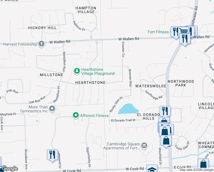 map of restaurants, bars, coffee shops, grocery stores, and more near 320 Fox Orchard Run in Fort Wayne