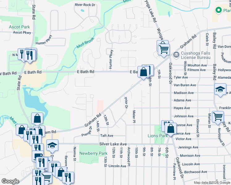 map of restaurants, bars, coffee shops, grocery stores, and more near 351 Graham Road in Cuyahoga Falls