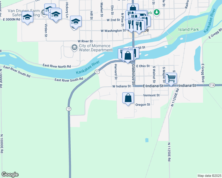 map of restaurants, bars, coffee shops, grocery stores, and more near 209 West Indiana Street in Momence