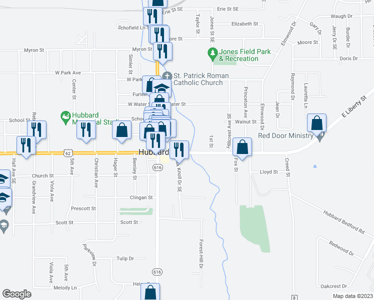 map of restaurants, bars, coffee shops, grocery stores, and more near 128 East Liberty Street in Hubbard