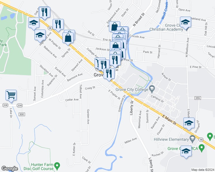 map of restaurants, bars, coffee shops, grocery stores, and more near 114 West Main Street in Grove City