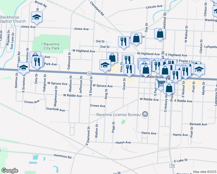 map of restaurants, bars, coffee shops, grocery stores, and more near 612 West Spruce Avenue in Ravenna