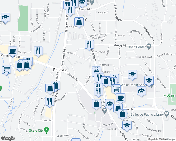 map of restaurants, bars, coffee shops, grocery stores, and more near 401 Chateau Drive in Bellevue